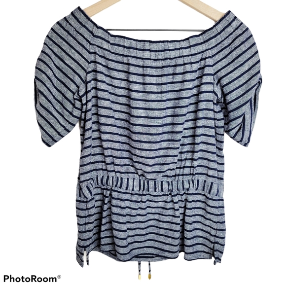 Ellen Tracy | Navy Peplum Off Shoulder Stripe Linen Blend Top - Picture 2 of 10